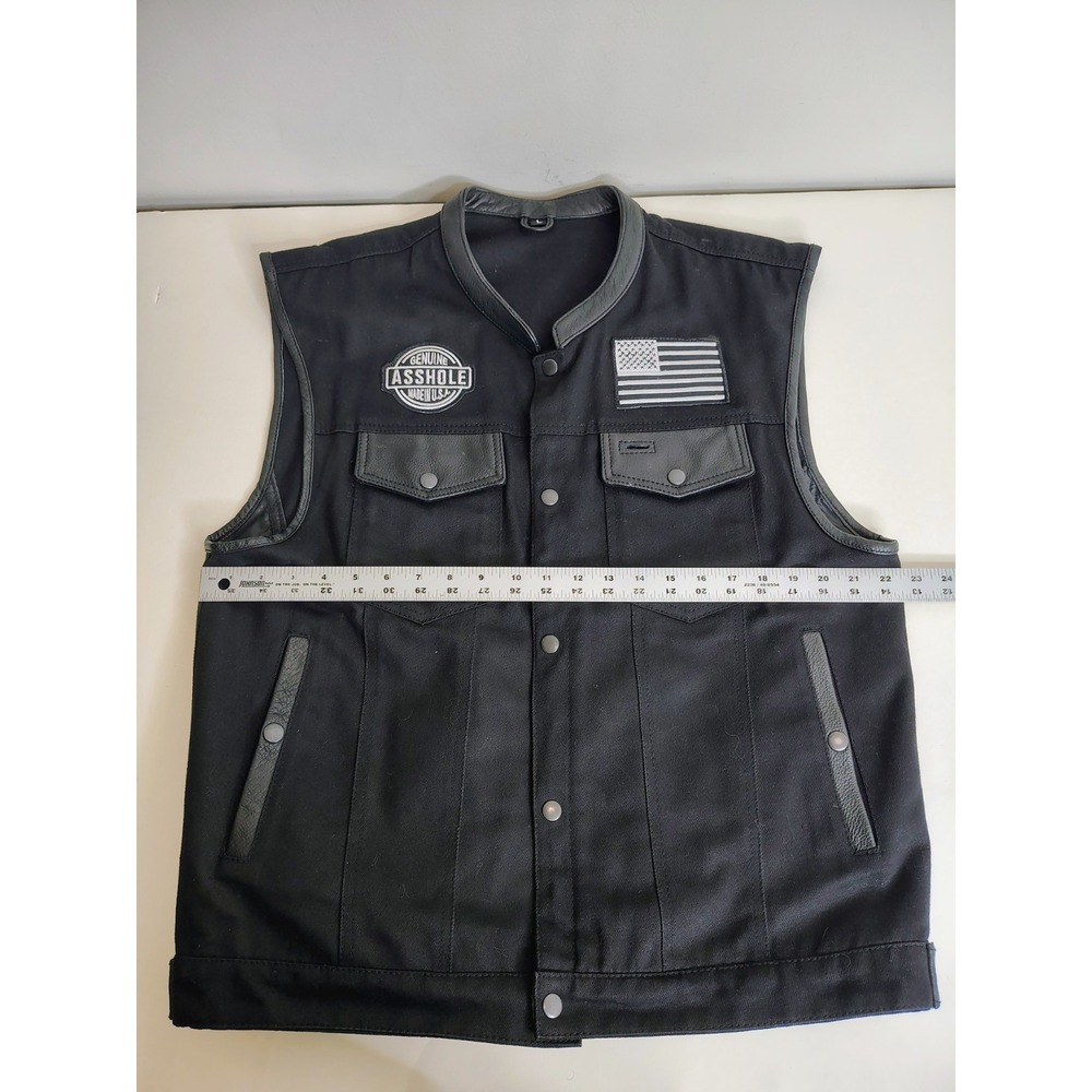 Black Canvas Motorcycle Biker Vest Leather Trim Men's Size L 2020 Bike Week